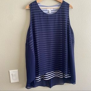 Susan Graver 1X Blouse sleeveless white and navy stripes